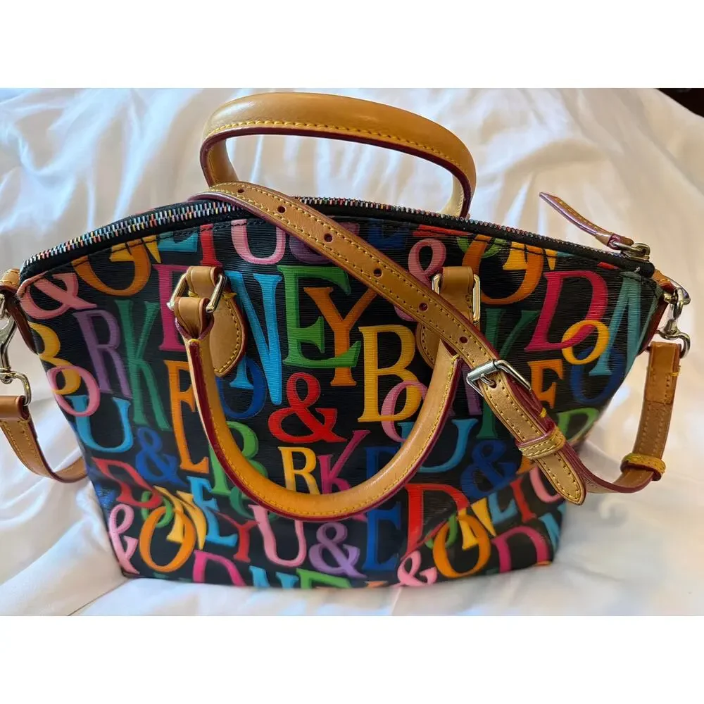 Dooney & Bourke Retro Grafica Monogram Black Rainbow Satchel Handbag Purse Y2K